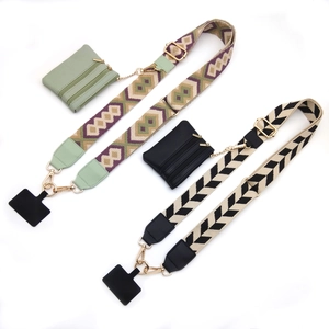 Adjustable crossbody phone strap with geometric woven pattern and mini zipper pouch bag