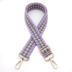 Adjustable colorful woven bag strap with geometric purple and gold rotating hooks
