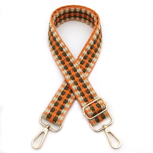 Adjustable colorful woven crossbody bag strap with orange grey pattern and gold metal hooks