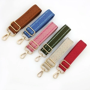 Close-up of colorful chevron pattern woven bag straps with adjustable gold buckles
