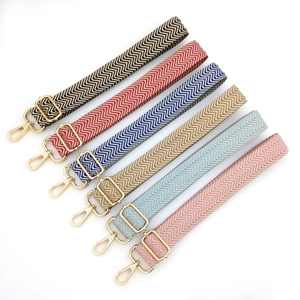 Adjustable chevron patterned bag straps in multiple colors with gold metal hardware