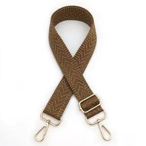 Detail of herringbone woven strap in khaki with light gold swivel metal hooks