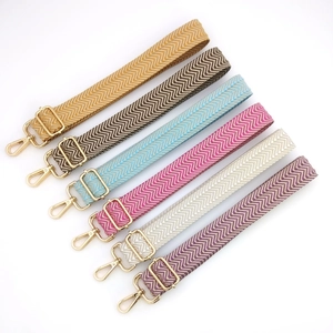 Detailed view of adjustable chevron woven straps with gold lobster clasps and buckles