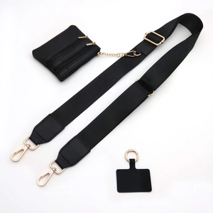 Adjustable black nylon shoulder strap set with a golden chain coin pouch and metal hooks