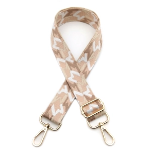 Adjustable wide shoulder strap with beige geometric jacquard and gold metal buckles