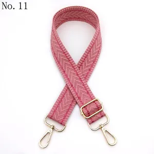 Detail view of pink chevron woven strap with polished light gold metal hardware clips