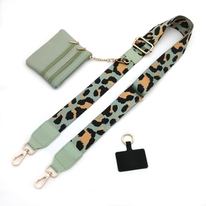 Adjustable leopard strap set with mint green leather coin purse and golden hardware