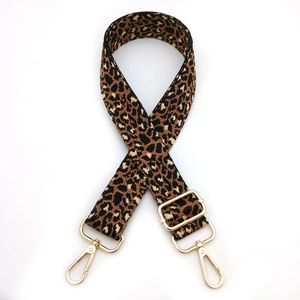 Adjustable leopard print canvas bag strap with polished gold-tone metal lobster clasps