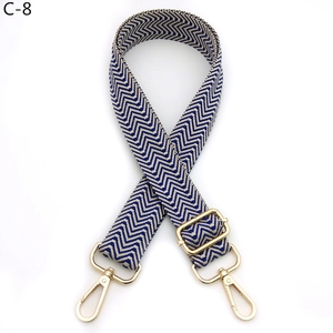 Detail view of blue and white herringbone woven strap with light gold metal swivel hooks