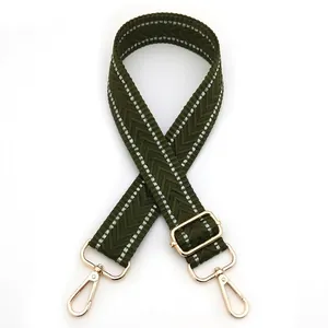 Detail of adjustable army green herringbone weave strap with gold metal swivel hooks
