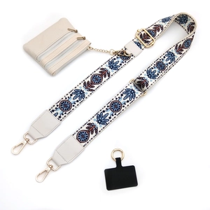 Ethnic embroidery wide strap with beige zip pouch and gold hardware for crossbody bag