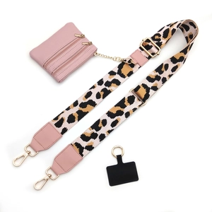 Adjustable leopard print wide strap with pink triple zip pouch and phone tether tab