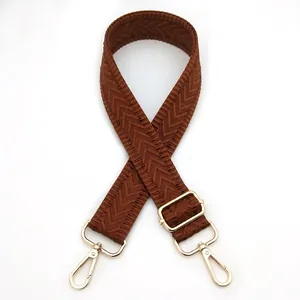 Detail of dark brown herringbone woven bag strap with golden metal lobster clasps