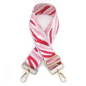 Close-up of pink and white zebra pattern fabric strap with gold metal lobster clasps