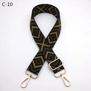 Detail of adjustable woven bag strap with olive green diamond geometric jacquard pattern