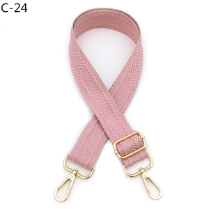 Pink and beige herringbone woven bag strap with golden lobster clasps and metal buckle