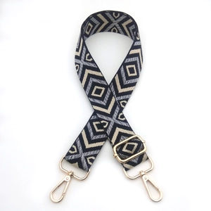 Adjustable geometric diamond woven shoulder strap with gold metal hooks and leopard pattern