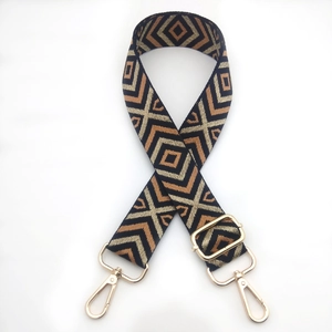 Ethnic geometric diamond leopard woven bag strap with adjustable gold metal hardware
