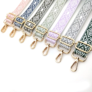 Detailed view of adjustable woven bag straps with geometric diamond jacquard patterns