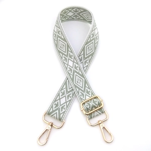 Adjustable grey-green diamond pattern embroidered shoulder strap with gold metal hooks
