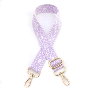 Adjustable lavender and white geometric rhombus pattern bag strap with gold metal hooks