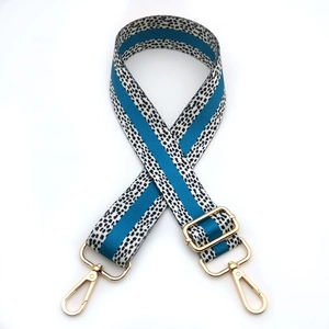 Adjustable leopard print wide bag strap with blue stripes and gold lobster clasps