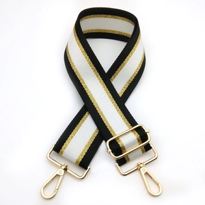 Adjustable wide shoulder strap with gold metallic silk stripes and golden lobster clasps