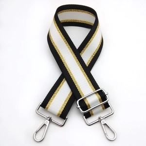 Adjustable wide replacement bag strap with black white gold stripes and silver metal hooks