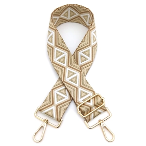 Adjustable crossbody bag strap with gold embroidery and metal swivel hooks on white background