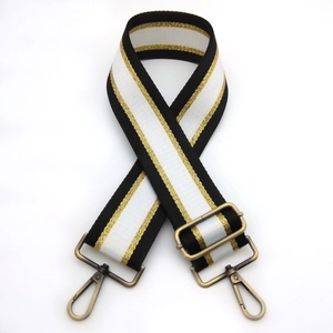 Adjustable wide replacement bag strap with black, white and gold metallic stripes