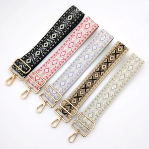 Adjustable bohemian diamond pattern woven replacement bag straps with gold metal hooks