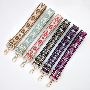 Ethnic wide woven bag strap set with snowflake patterns and golden lobster clasps