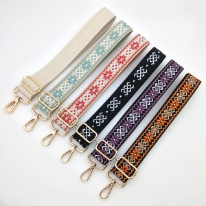 Adjustable floral embroidered shoulder strap with gold metal lobster clasps for bags