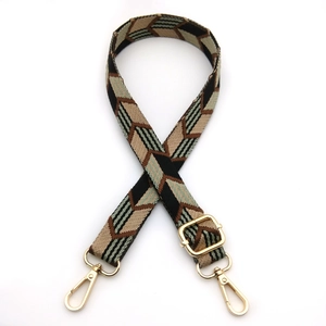 Detailed view of adjustable crossbody bag straps with geometric arrow pattern and gold hooks