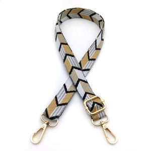 Detail of adjustable woven shoulder strap with colorful chevron pattern and gold hardware