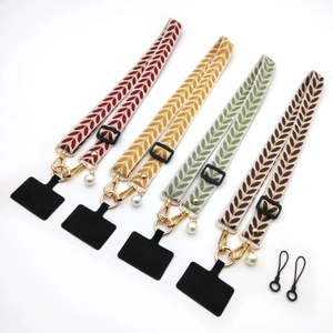 Embroidered leaf pattern phone strap crossbody lanyard with pearl charm in four colors