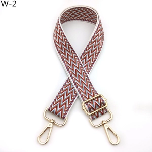 Detail of colorful zigzag woven shoulder strap with gold metal hooks and adjuster
