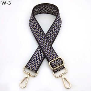 Detail of blue and brown woven bag strap with golden metal lobster clasps and buckle