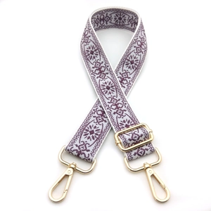 Ethnic style purple and beige woven bag strap with adjustable golden hardware buckles