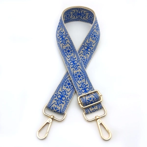Ethnic style adjustable wide shoulder strap with dark blue embroidery and gold hardware