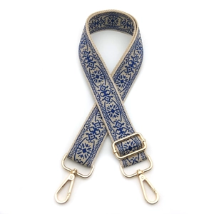 Ethnic blue and beige geometric woven bag strap with adjustable gold-tone metal hooks