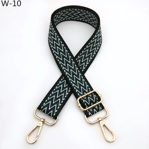 Adjustable woven canvas shoulder strap with green and blue geometric wave pattern