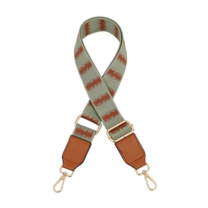 Macro detail of embroidered jacquard bag strap with rust-red pattern and gold hardware