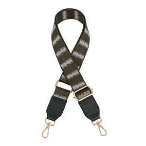 Detail of adjustable green gradient PU leather strap with silver wave patterns and gold hooks
