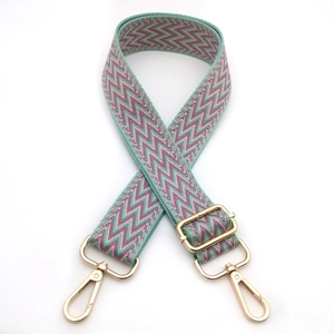 Adjustable woven shoulder strap for bags with green and pink chevron pattern and gold hardware