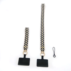 Leaf pattern phone lanyard set with wrist strap and gold heart-shaped metal clip