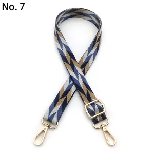 Detail of adjustable woven shoulder strap with blue and gold geometric chevron pattern
