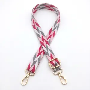 Detail of adjustable polyester guitar strap with pink and grey chevron wave pattern