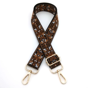 Adjustable wide bohemian jacquard shoulder strap with floral pattern and gold hooks