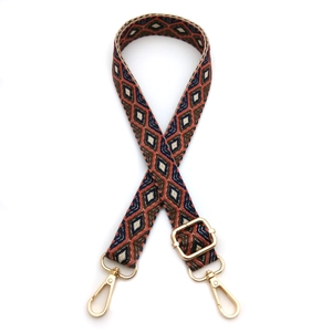 Detail of adjustable geometric diamond pattern bag strap with gold metal lobster clasps